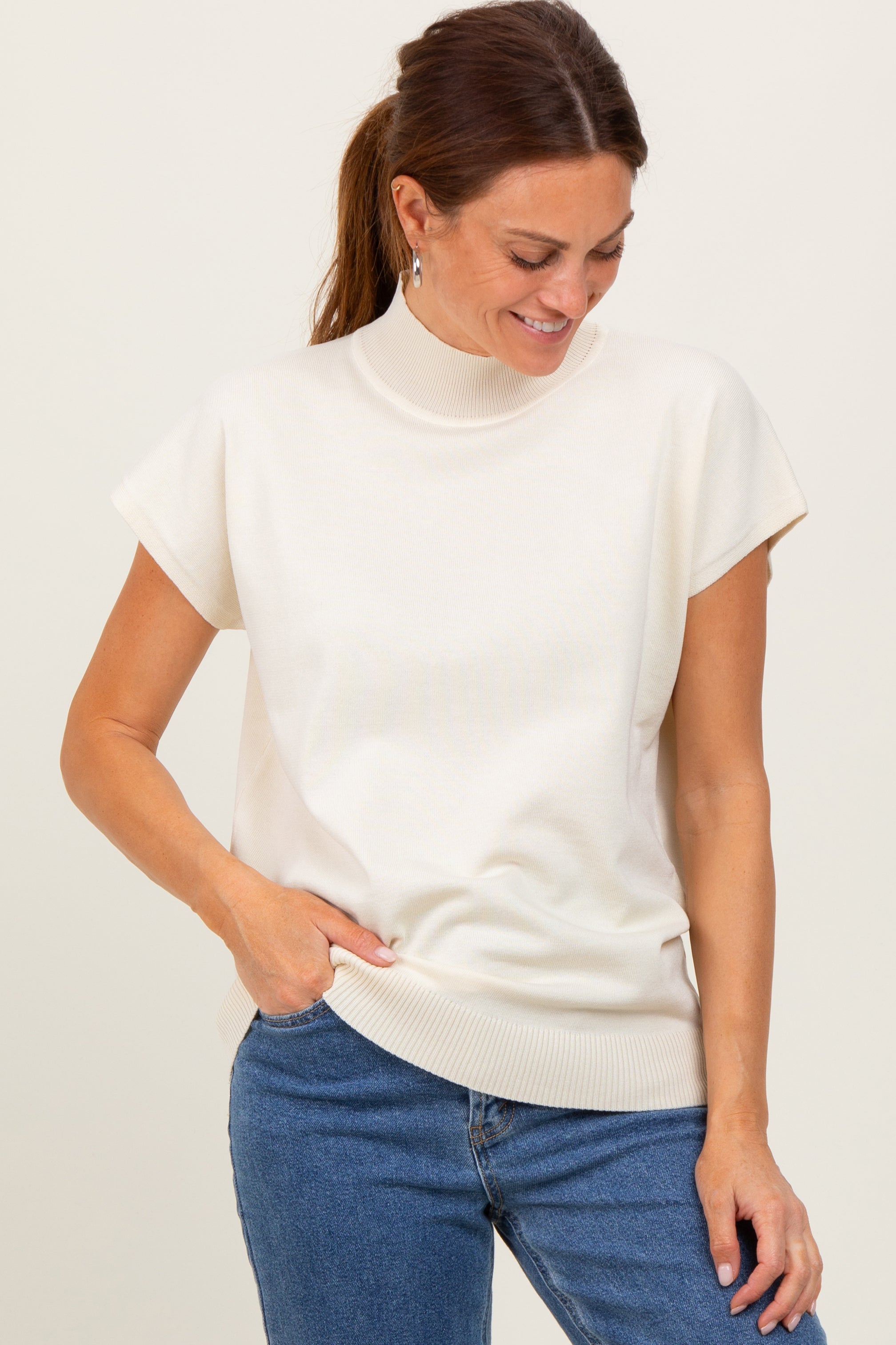 Cream Mock Neck Knit Top