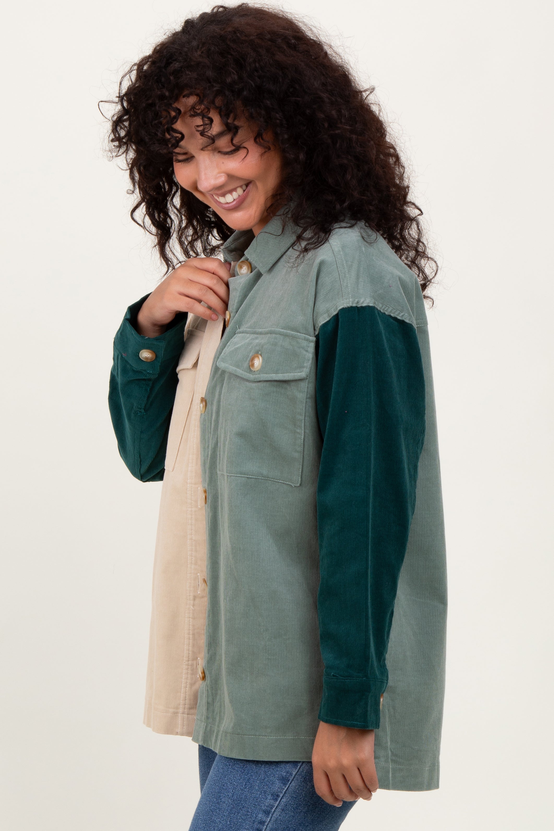 Light Olive Corduroy Colorblock Oversized Shirt Jacket