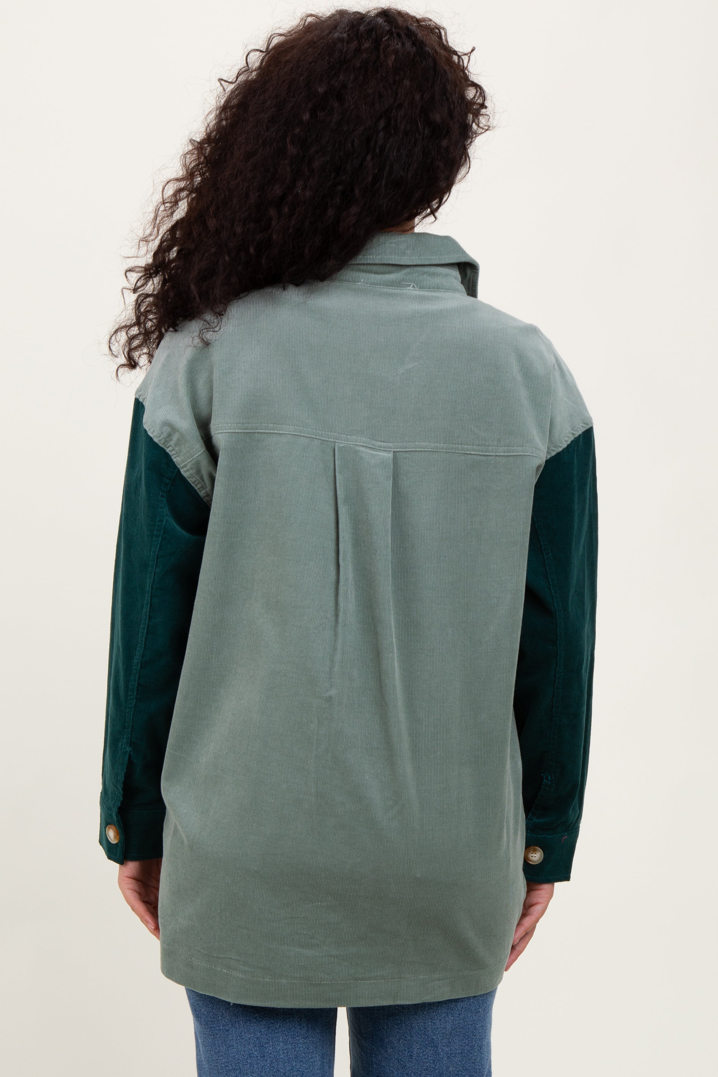 Light Olive Corduroy Colorblock Oversized Shirt Jacket