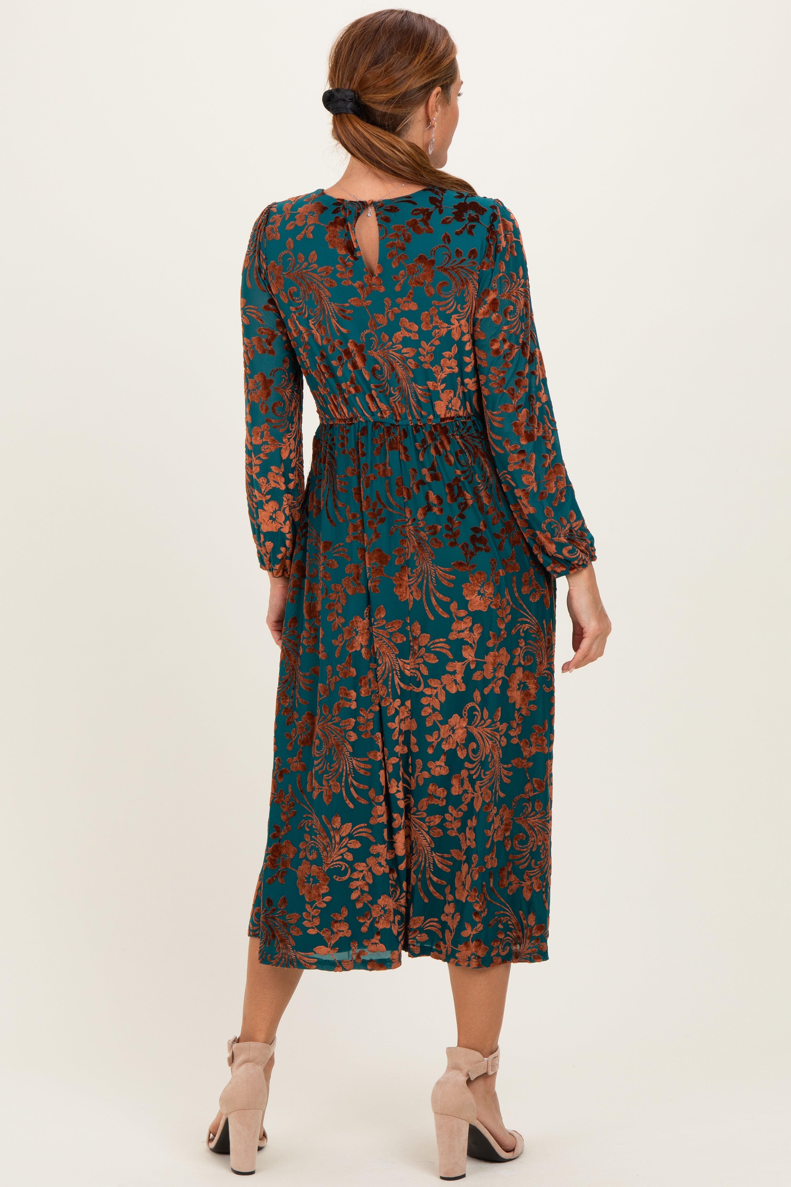 Teal Velvet Floral Overlay Midi Dress
