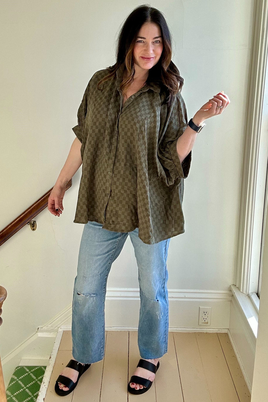 Olive Checker Print Short Sleeve Oversized Blouse