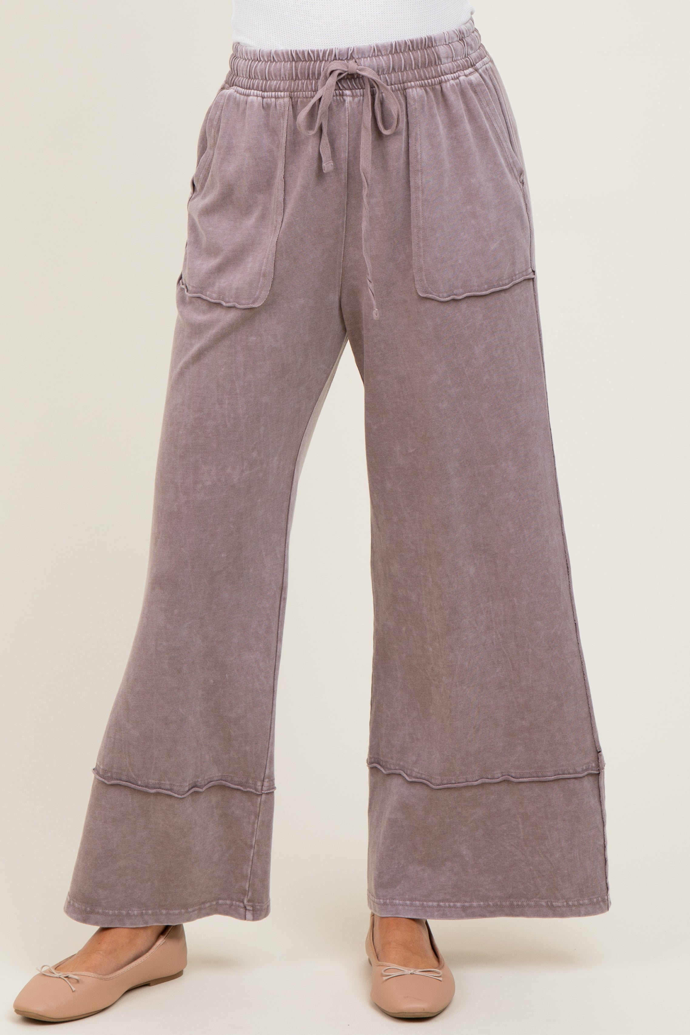 Mocha Mineral Wash Wide Leg Ankle Pants