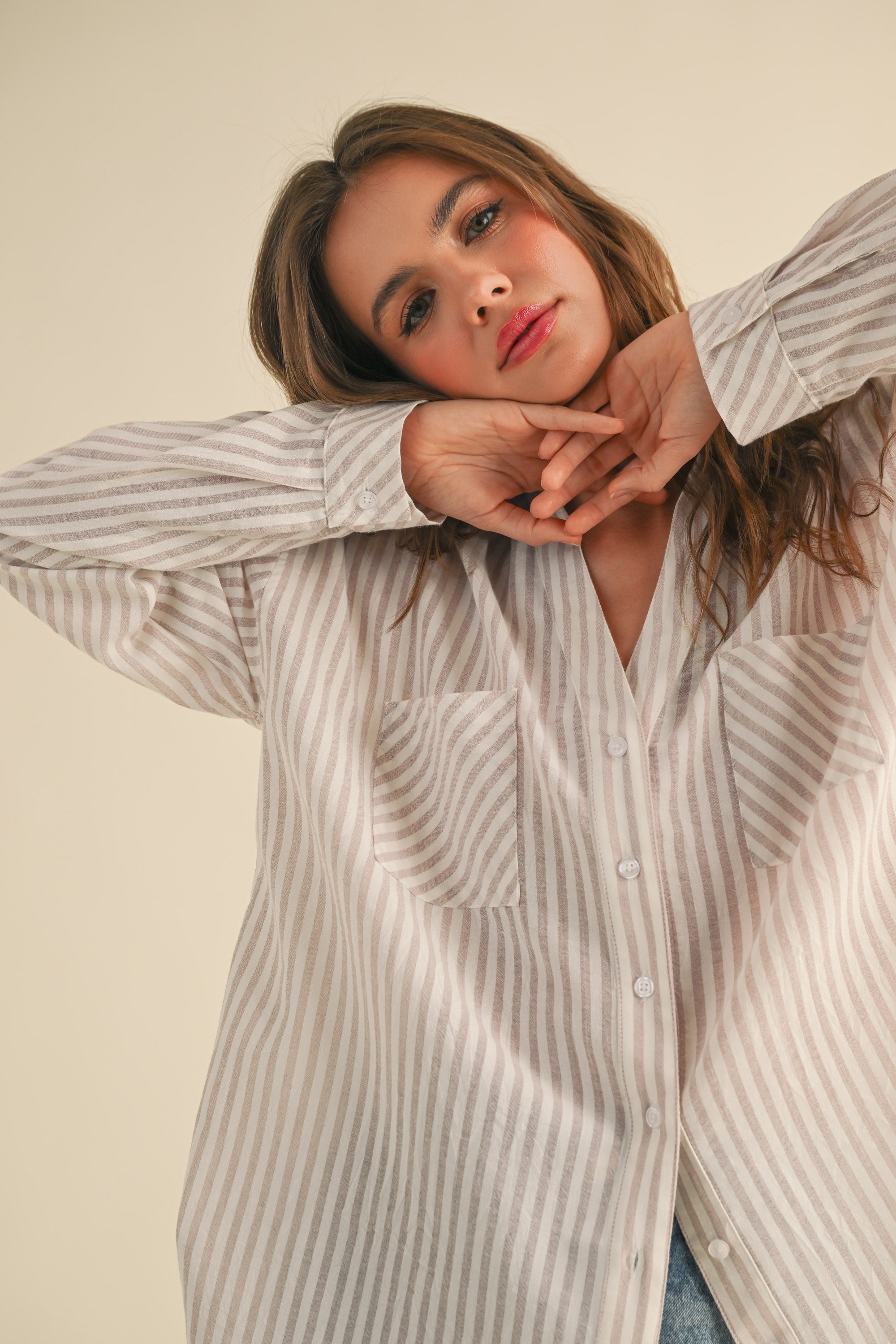 Beige Striped Double Pocket Button Down Top