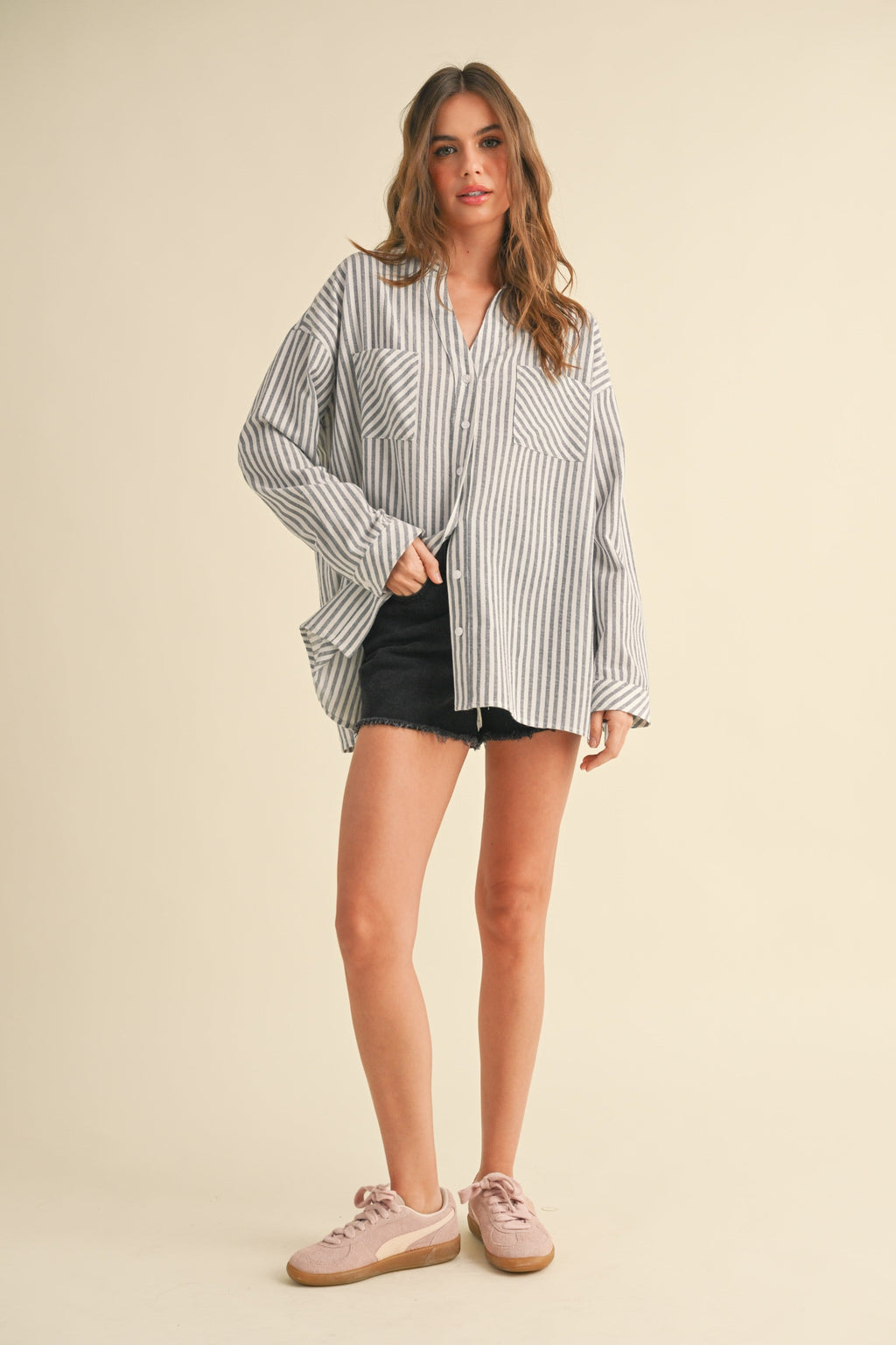 Navy Striped Double Pocket Button Down Top