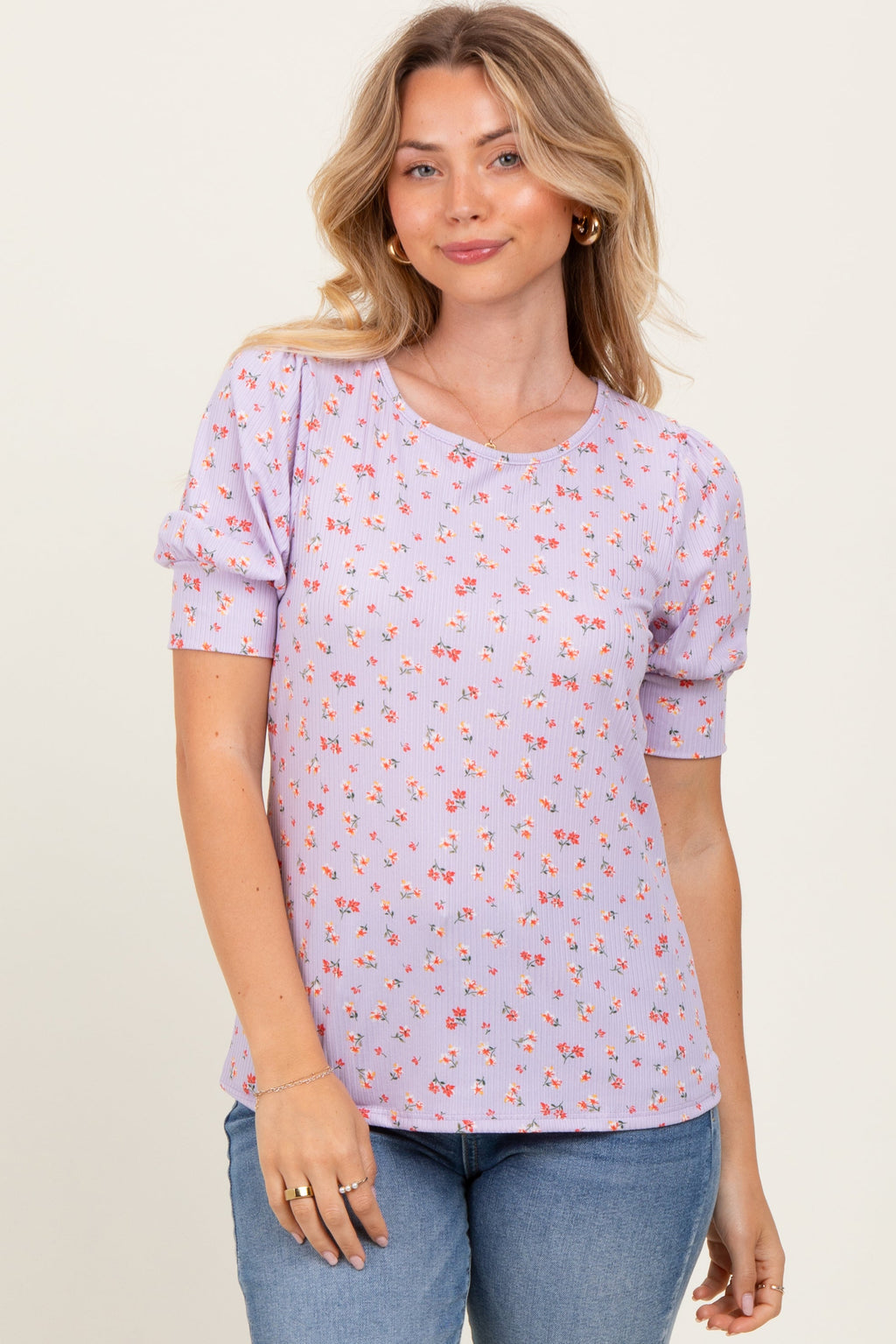 Lavender Floral Ribbed Puff Sleeve Top