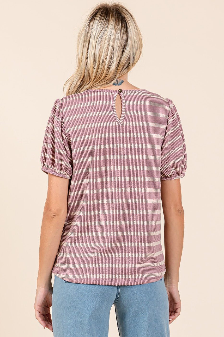 Pink Textured Knit Striped Puff Sleeve Top