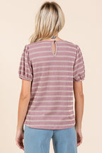 Pink Textured Knit Striped Puff Sleeve Top