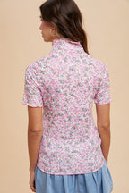 Pink Floral Ruffle Mock Neck Short Sleeve Top