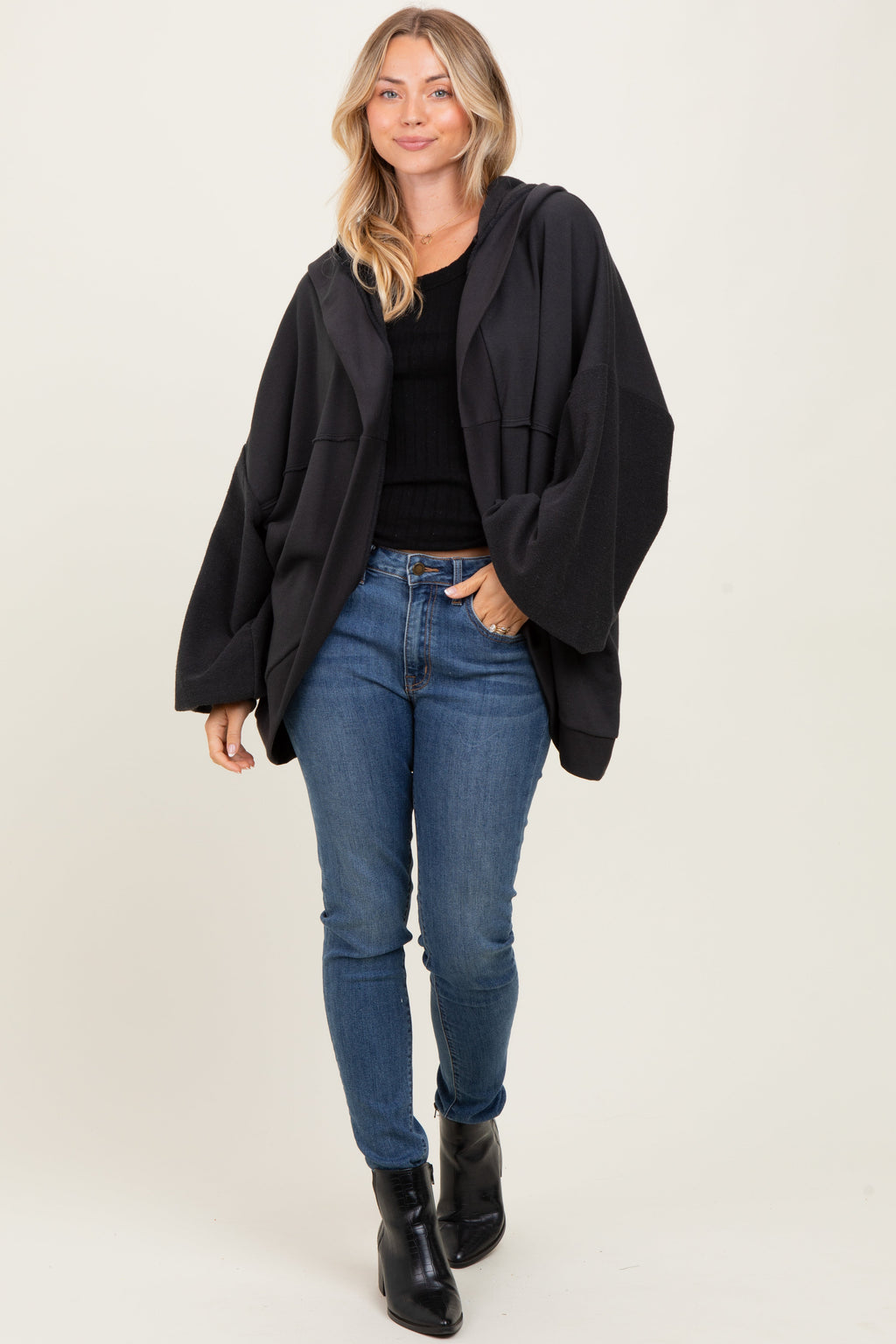 Black Solid Terry Long Dolam Sleeve Vintage Hoodie