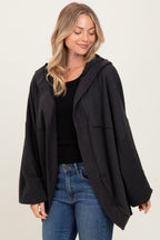 Black Solid Terry Long Dolam Sleeve Vintage Hoodie