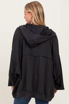Black Solid Terry Long Dolam Sleeve Vintage Hoodie