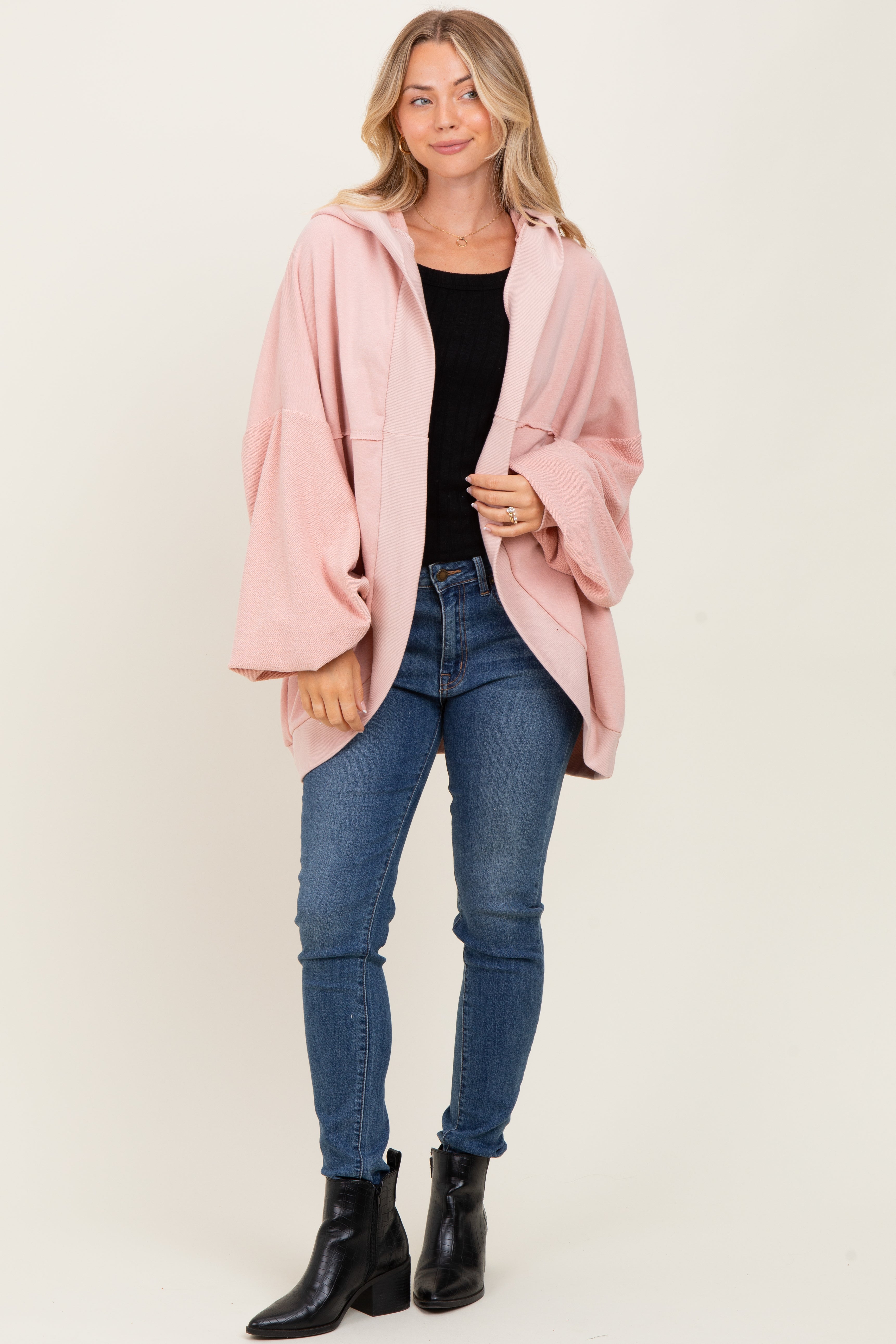 Pink Solid Terry Long Dolam Sleeve Vintage Hoodie
