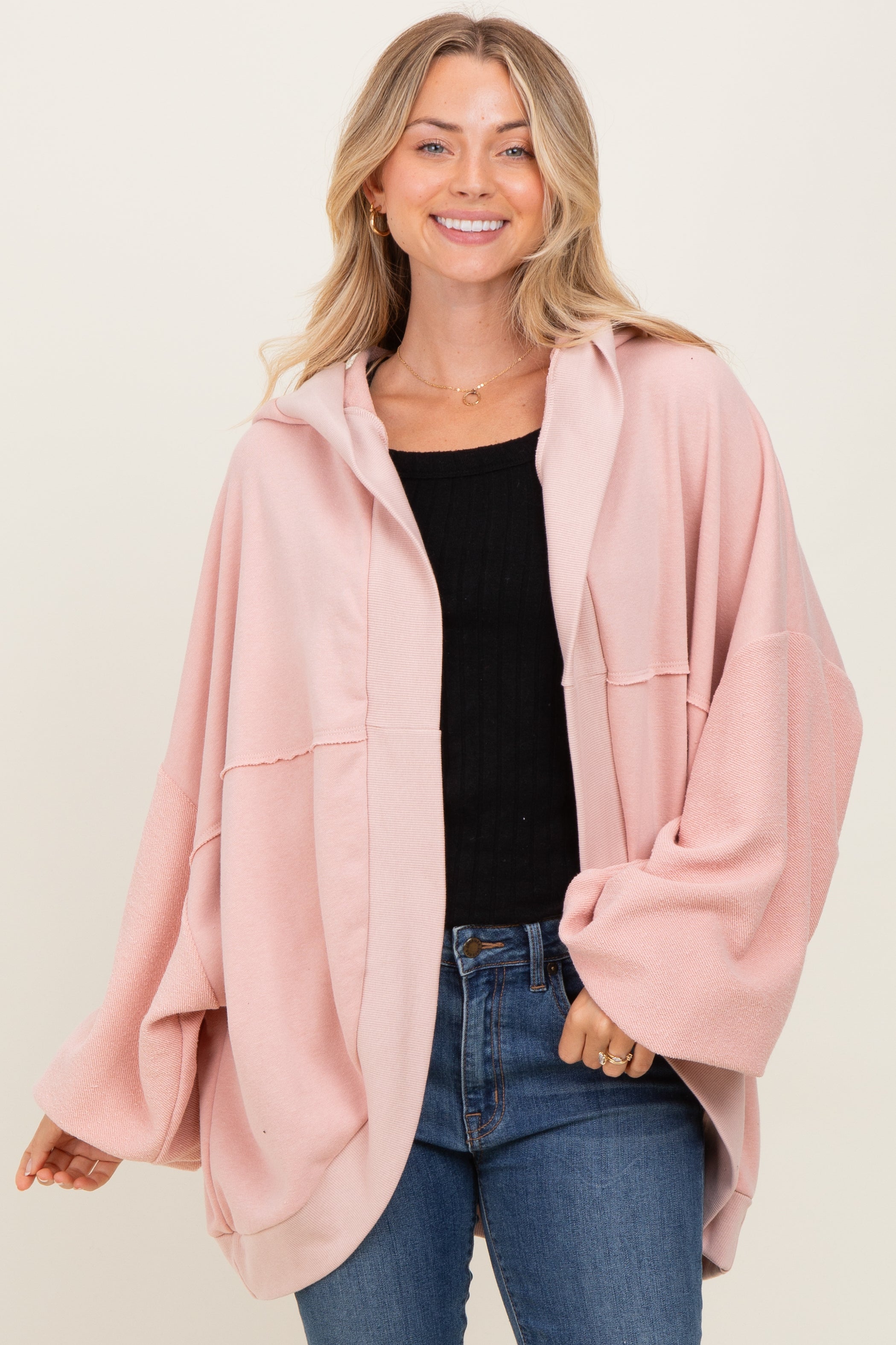 Pink Solid Terry Long Dolam Sleeve Vintage Hoodie