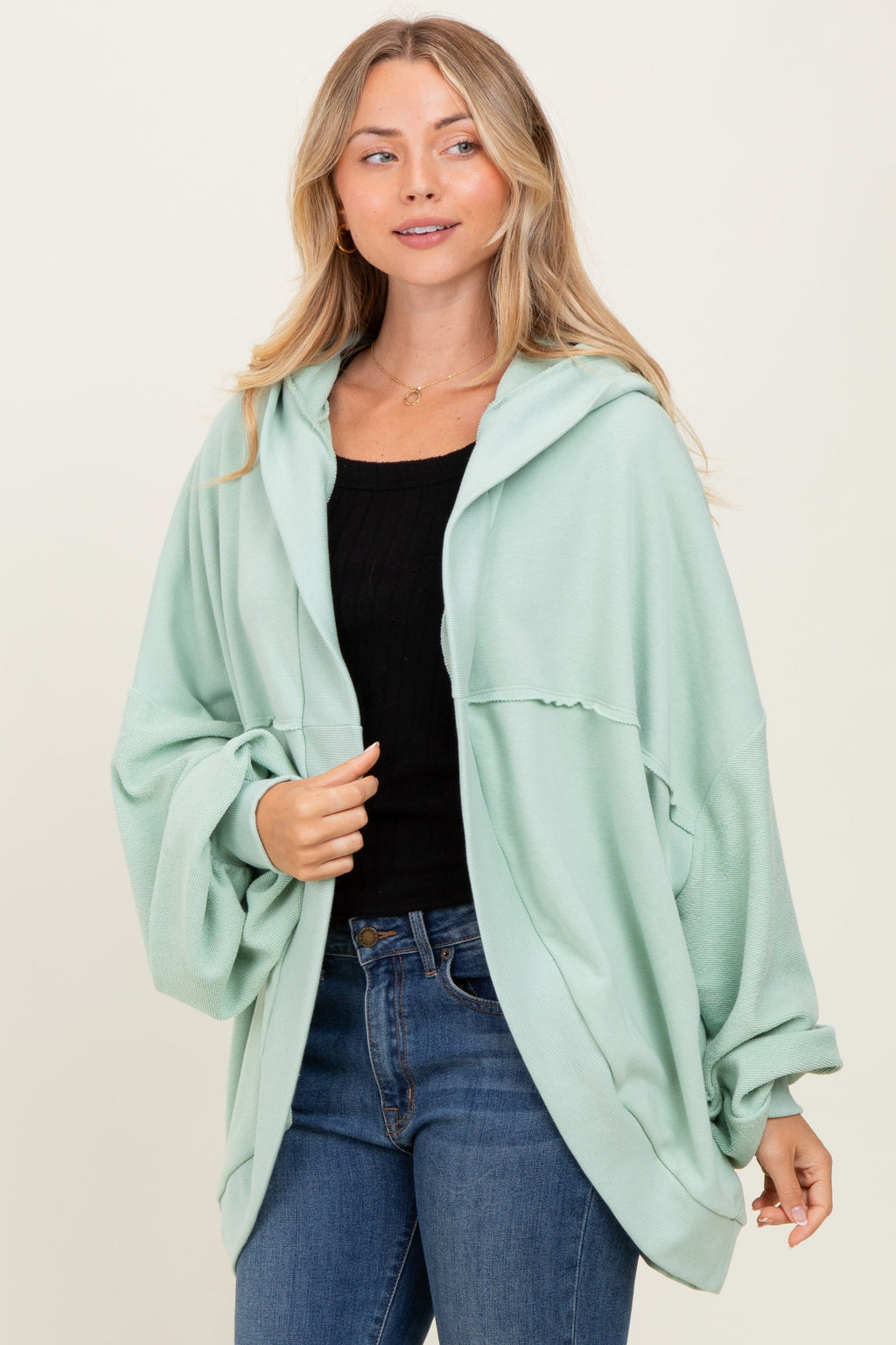 Sage Solid Terry Long Dolam Sleeve Vintage Hoodie