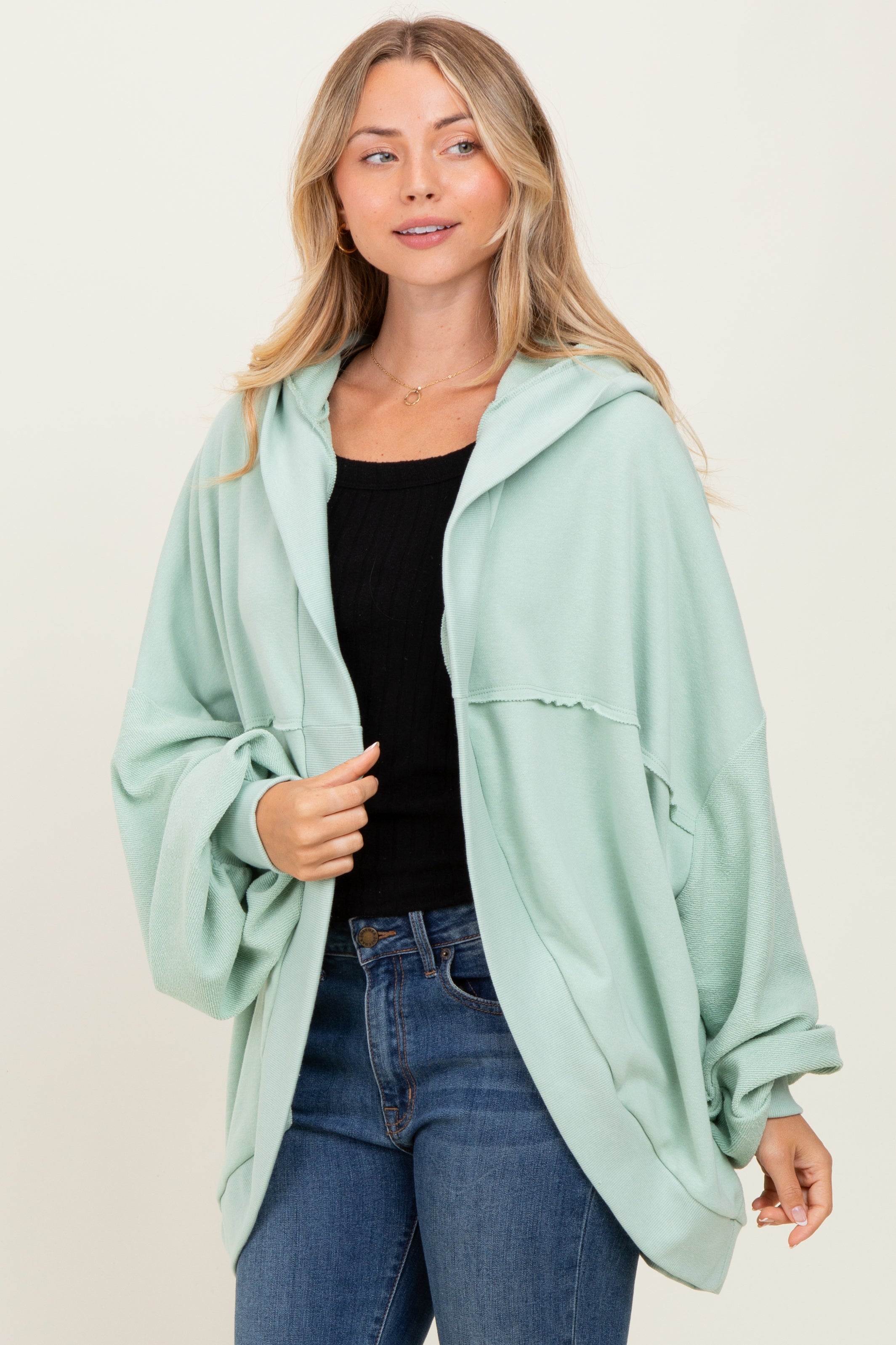 Sage Solid Terry Long Dolam Sleeve Vintage Hoodie