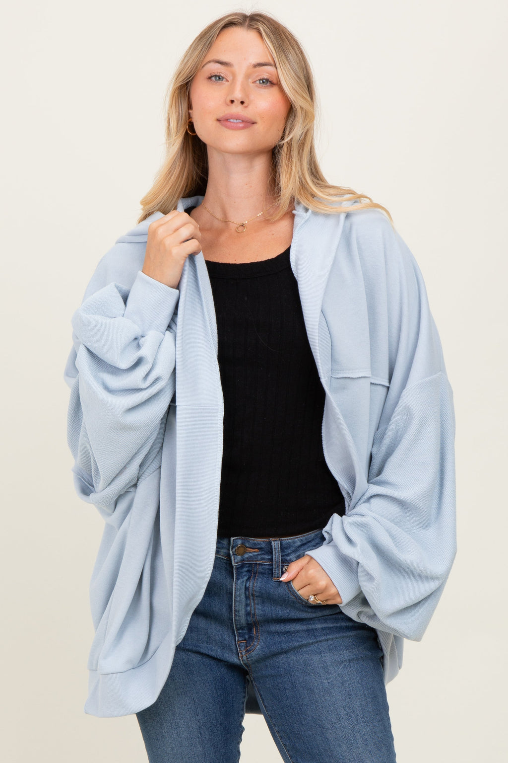 Light Blue Solid Terry Long Dolam Sleeve Vintage Hoodie