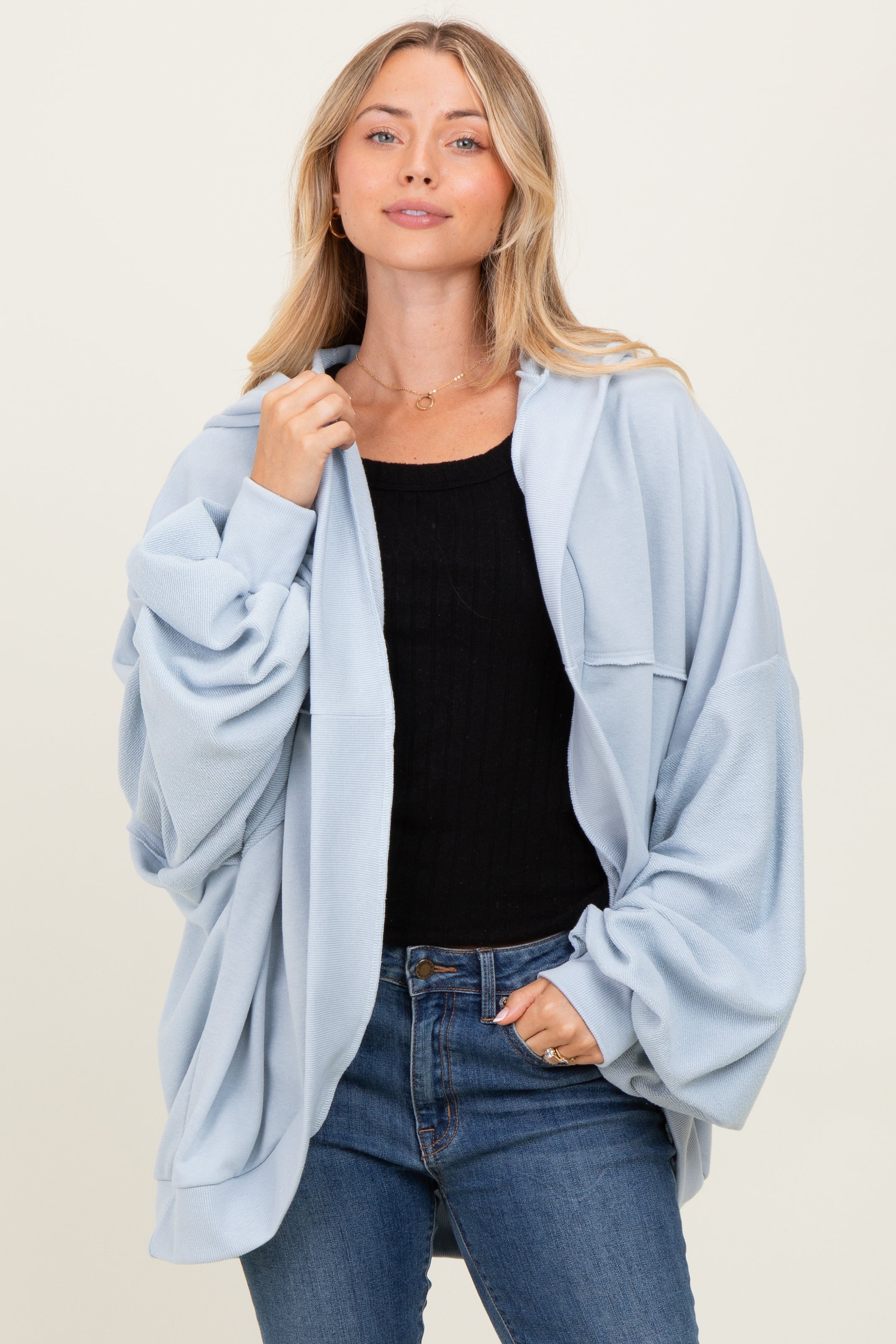Light Blue Solid Terry Long Dolam Sleeve Vintage Hoodie