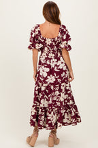 Burgundy Floral Short Sleeve Square Neck Tiered Maxi Dress