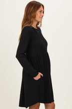 Black Textured Rib Long Sleeve Dress