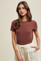 Brown Ribbed Short Sleeve Curved Hem Top