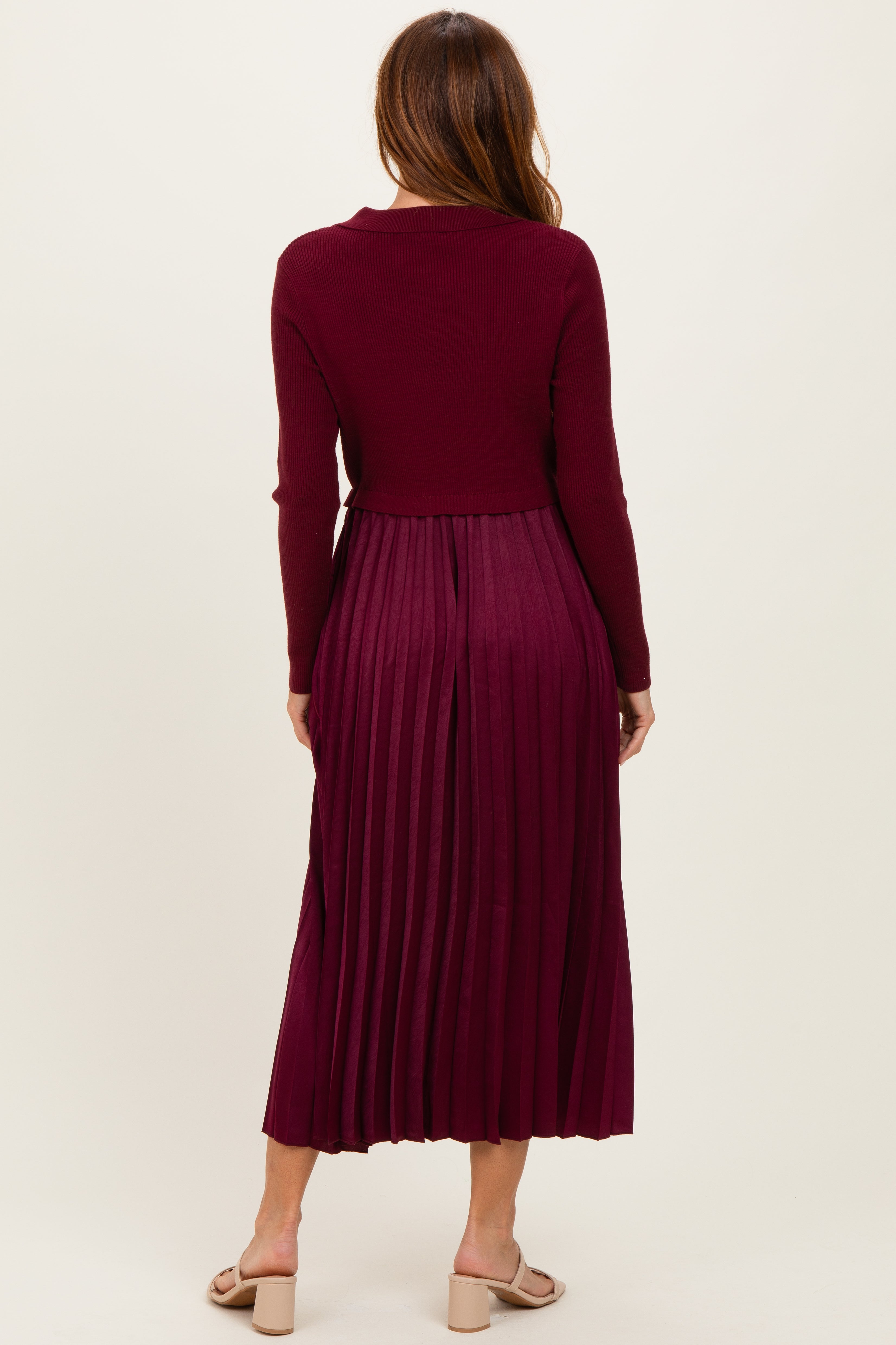Burgundy Collared Knit Contrast Pleated Skirt Midi Dress