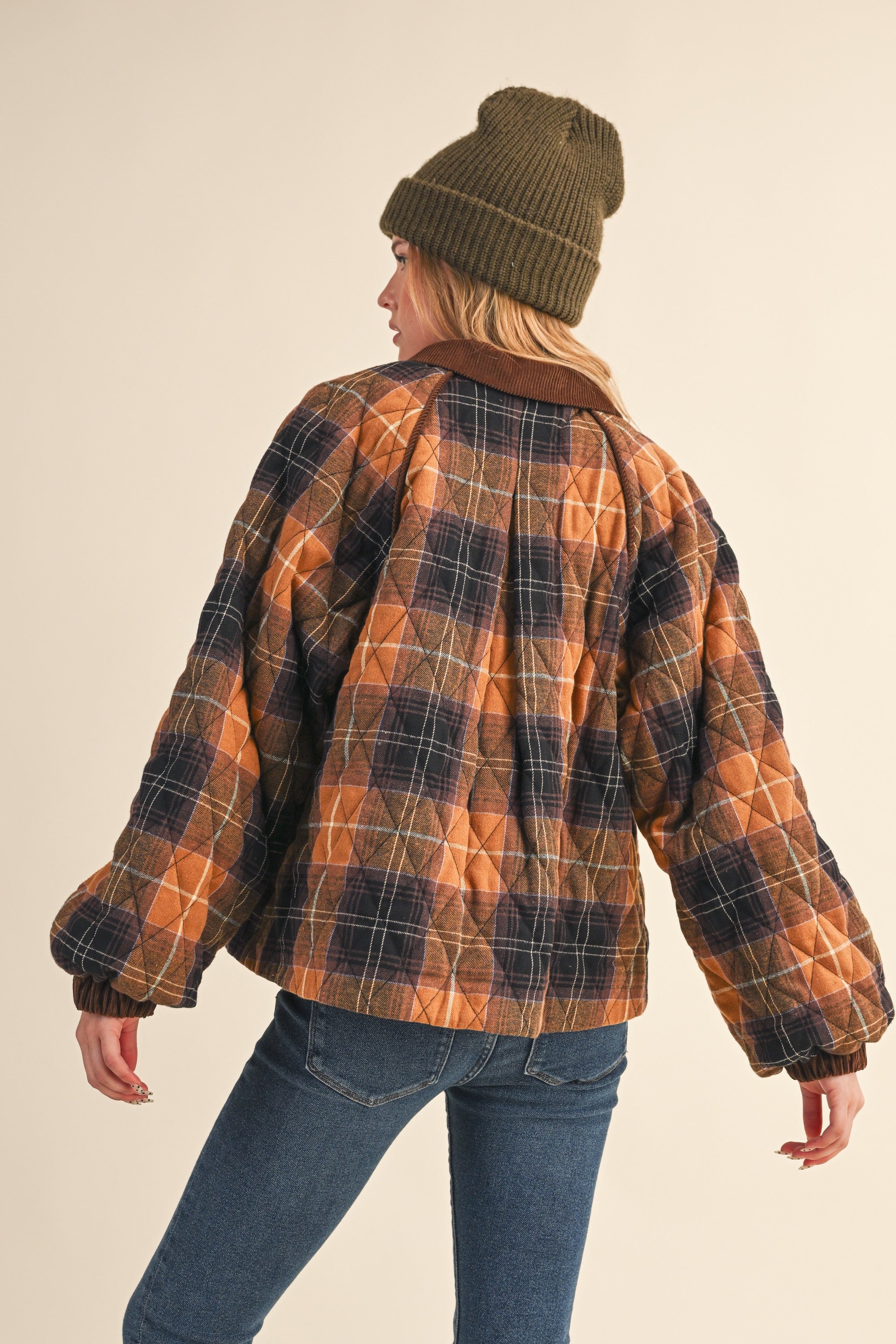 Brown Plaid Quilted Corduroy Contrast Jacket