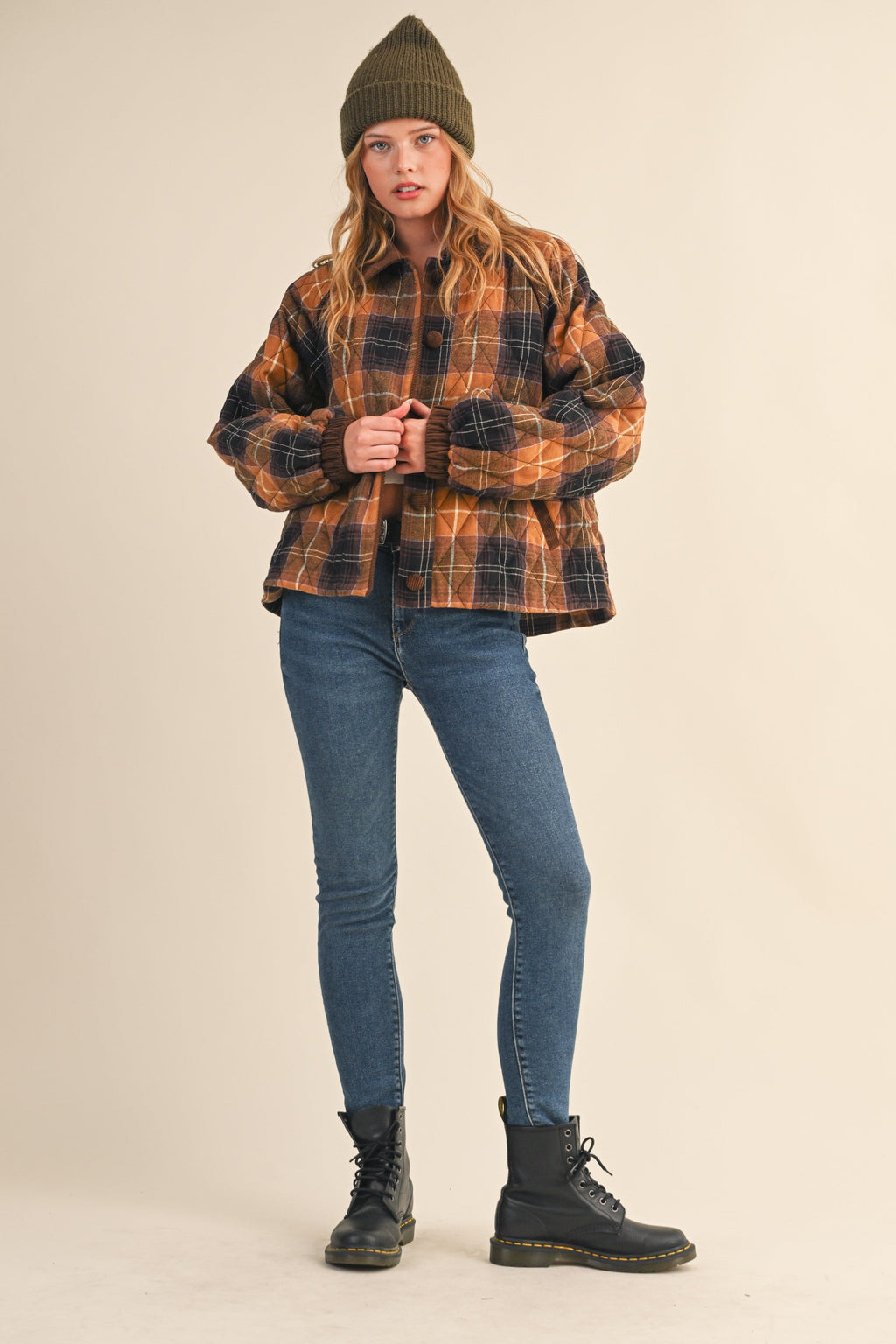 Brown Plaid Quilted Corduroy Contrast Jacket