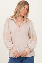 Beige Brushed Colorblock Long Sleeve Collared V-Neck Top