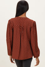 Brown Polka Dot Long Sleeve Button Down V-Neck Top