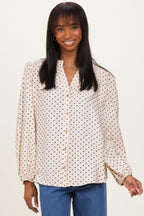 Ivory Polka Dot Long Sleeve Button Down V-Neck Top