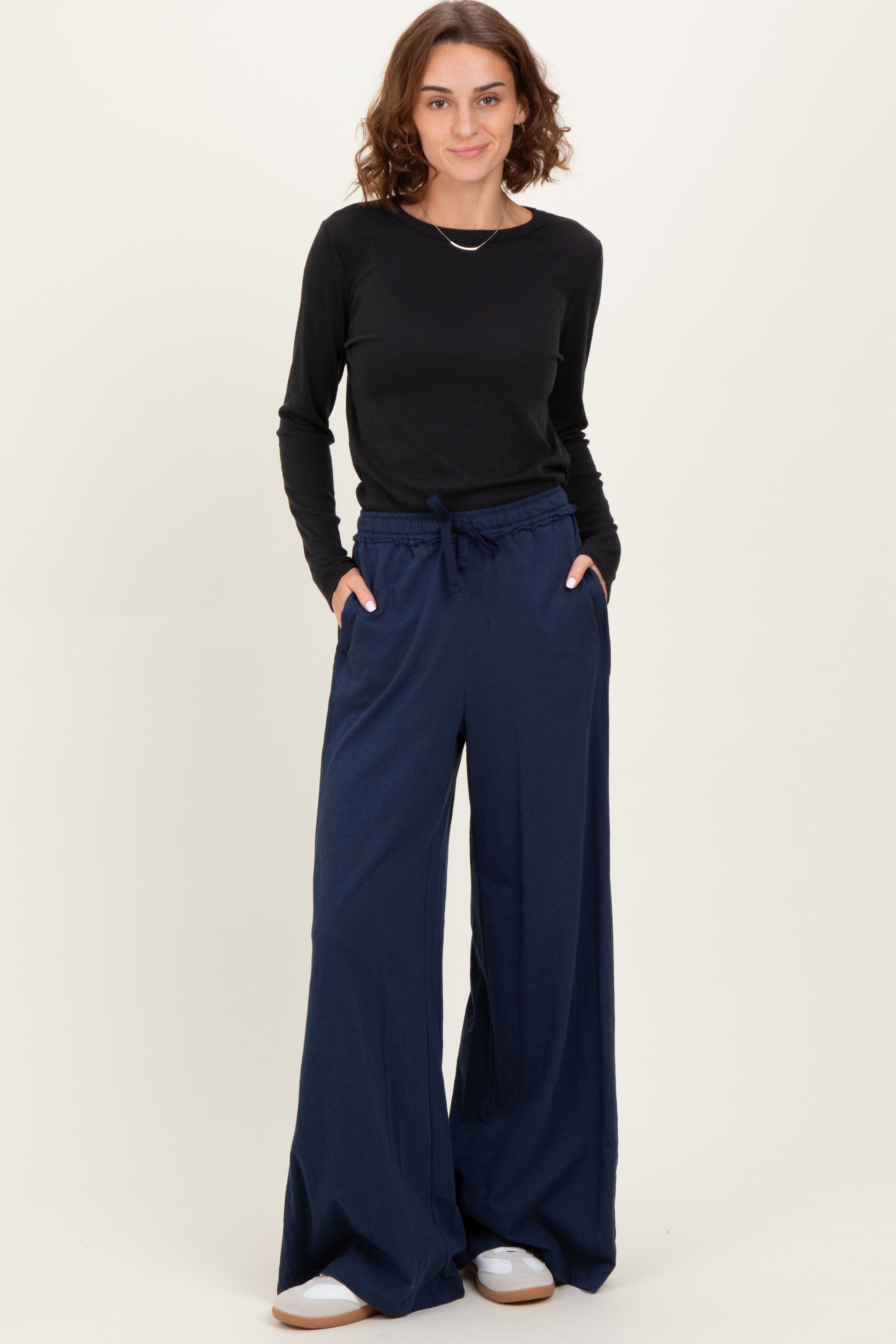 Navy Drawstring Wide Leg Lounge Pant