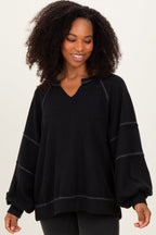 Black Solid Rib Long Sleeve V-Neck Oversized Tunic Top