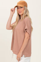Brown Solid Ribbed Short Sleeve Oversized Tunic Top