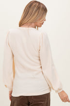 Cream Solid Ribbed Long Sleeve V-Neck Tunic Top
