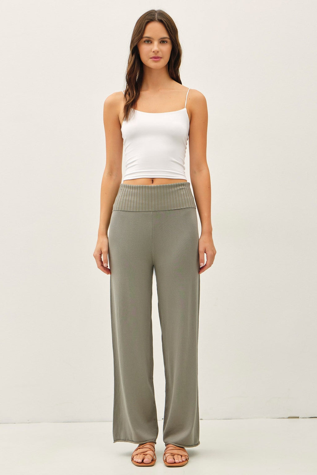 Olive Ribbed Knit Foldover Waist Pants