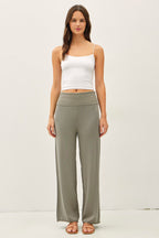 Olive Ribbed Knit Foldover Waist Pants