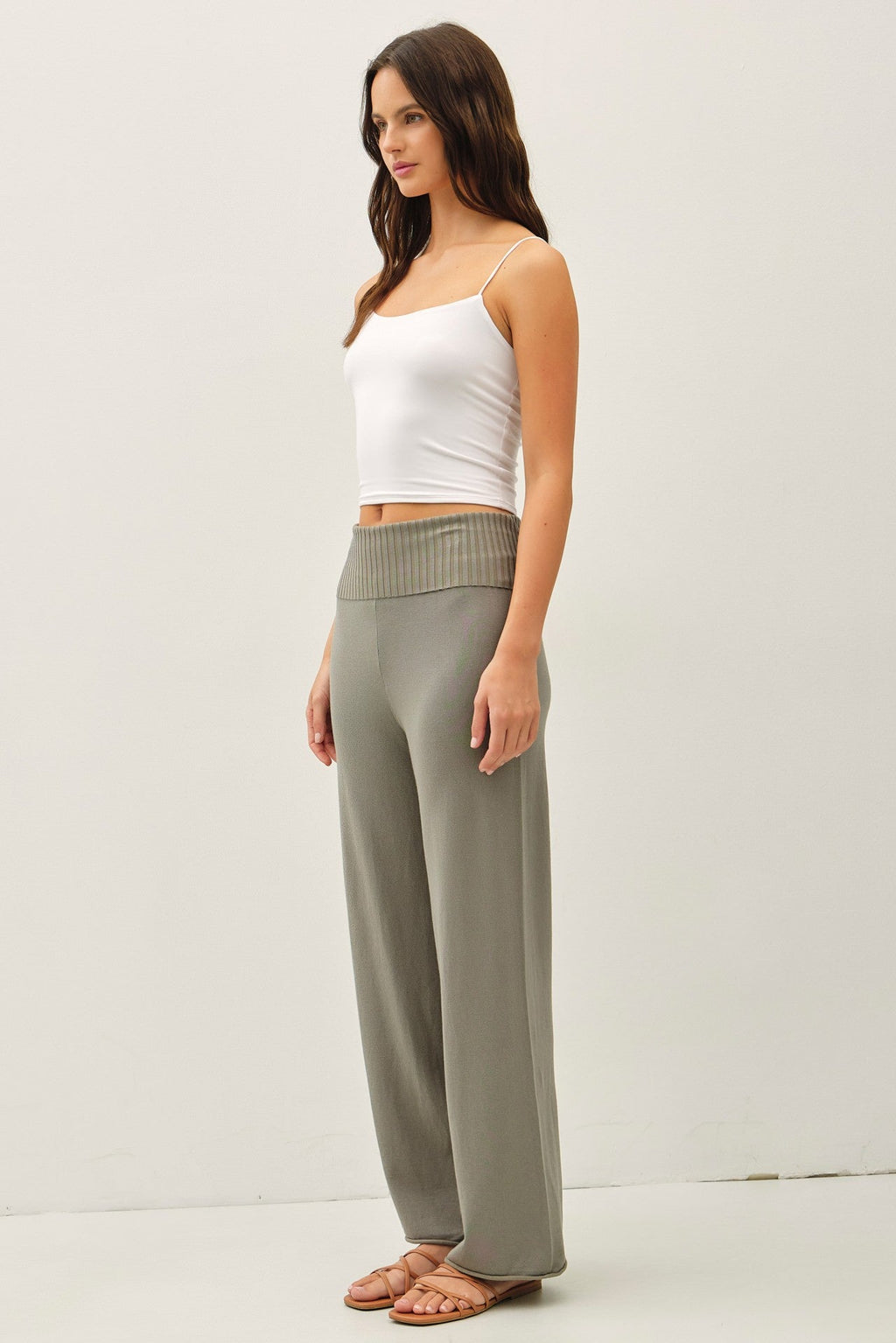 Olive Ribbed Knit Foldover Waist Pants
