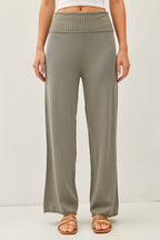 Olive Ribbed Knit Foldover Waist Pants