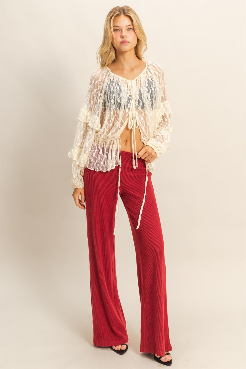 Red Brushed Knit Flare Leg Pants