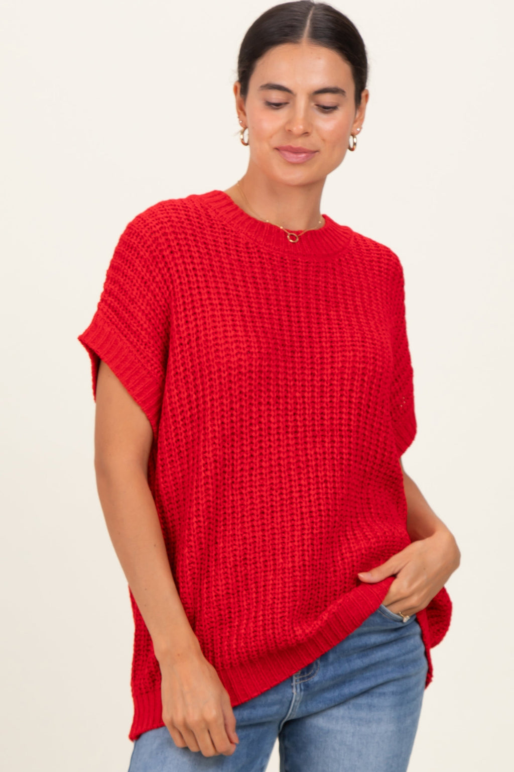 Red Short Sleeve Round Neck Sweater