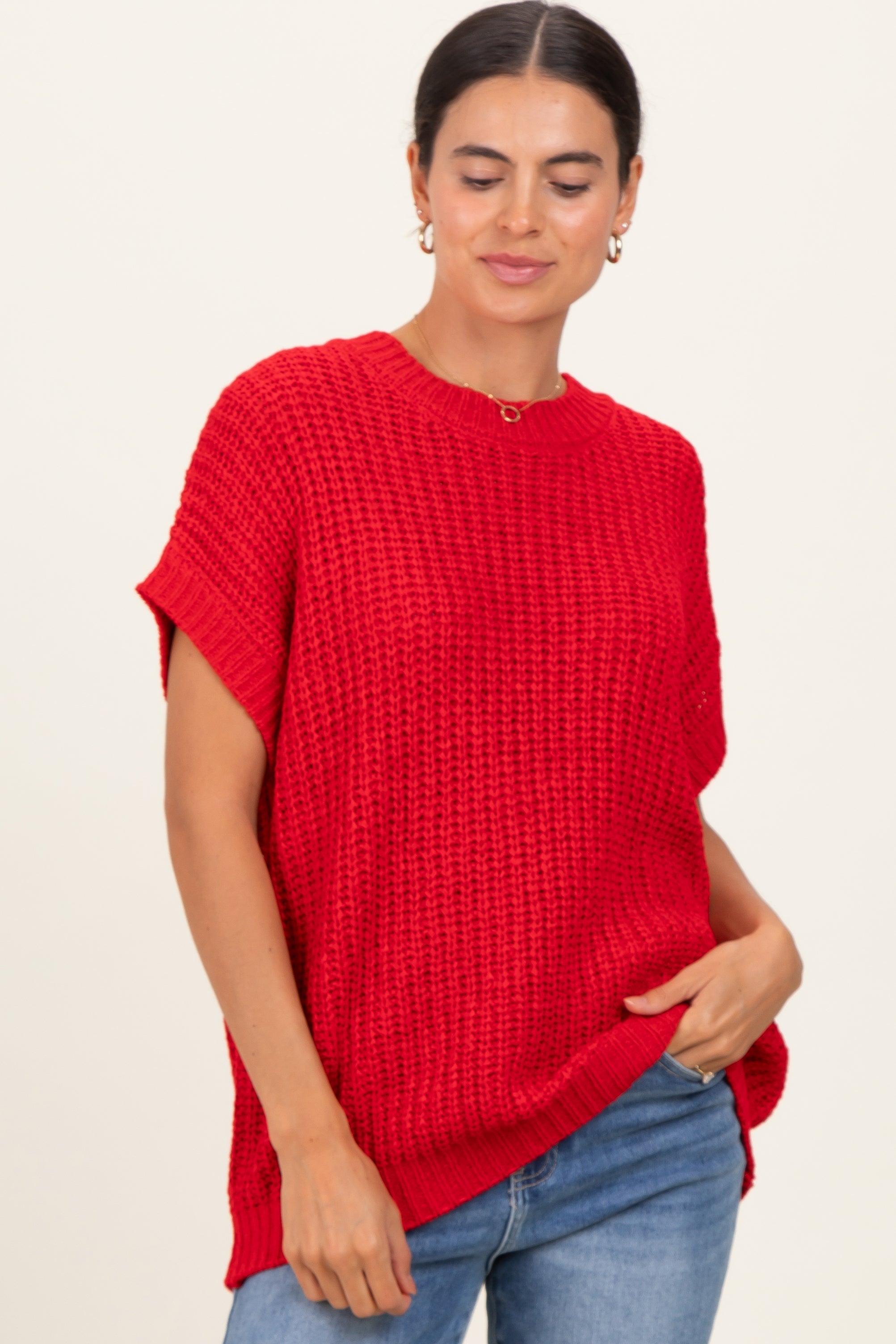 Red Short Sleeve Round Neck Sweater