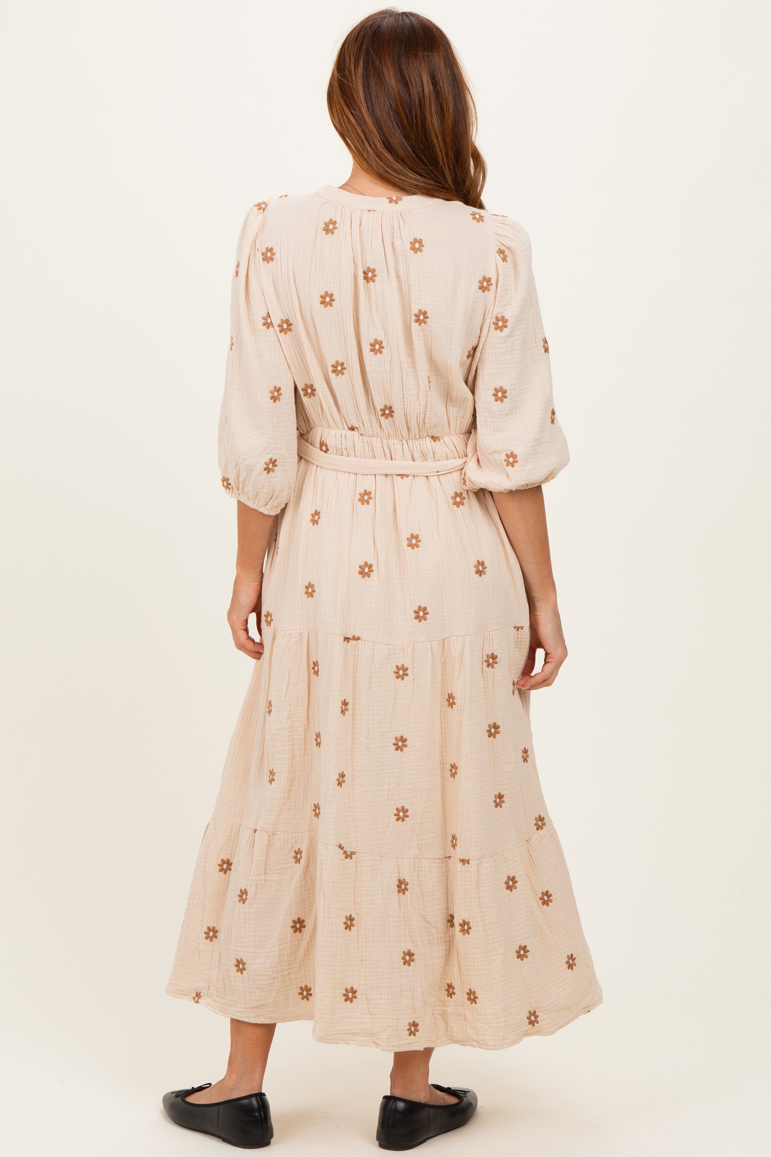 Brown Floral Cotton Gauze Tiered Midi Dress
