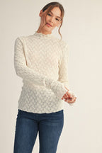 Ivory Thumbhole Sleeves Mock Neck Lace Top
