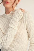 Ivory Thumbhole Sleeves Mock Neck Lace Top