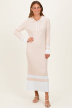 Cream Ribbed Knit Colorblock Polo Maxi Dress