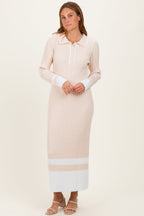 Cream Ribbed Knit Colorblock Polo Maxi Dress