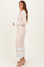 Cream Ribbed Knit Colorblock Polo Maxi Dress