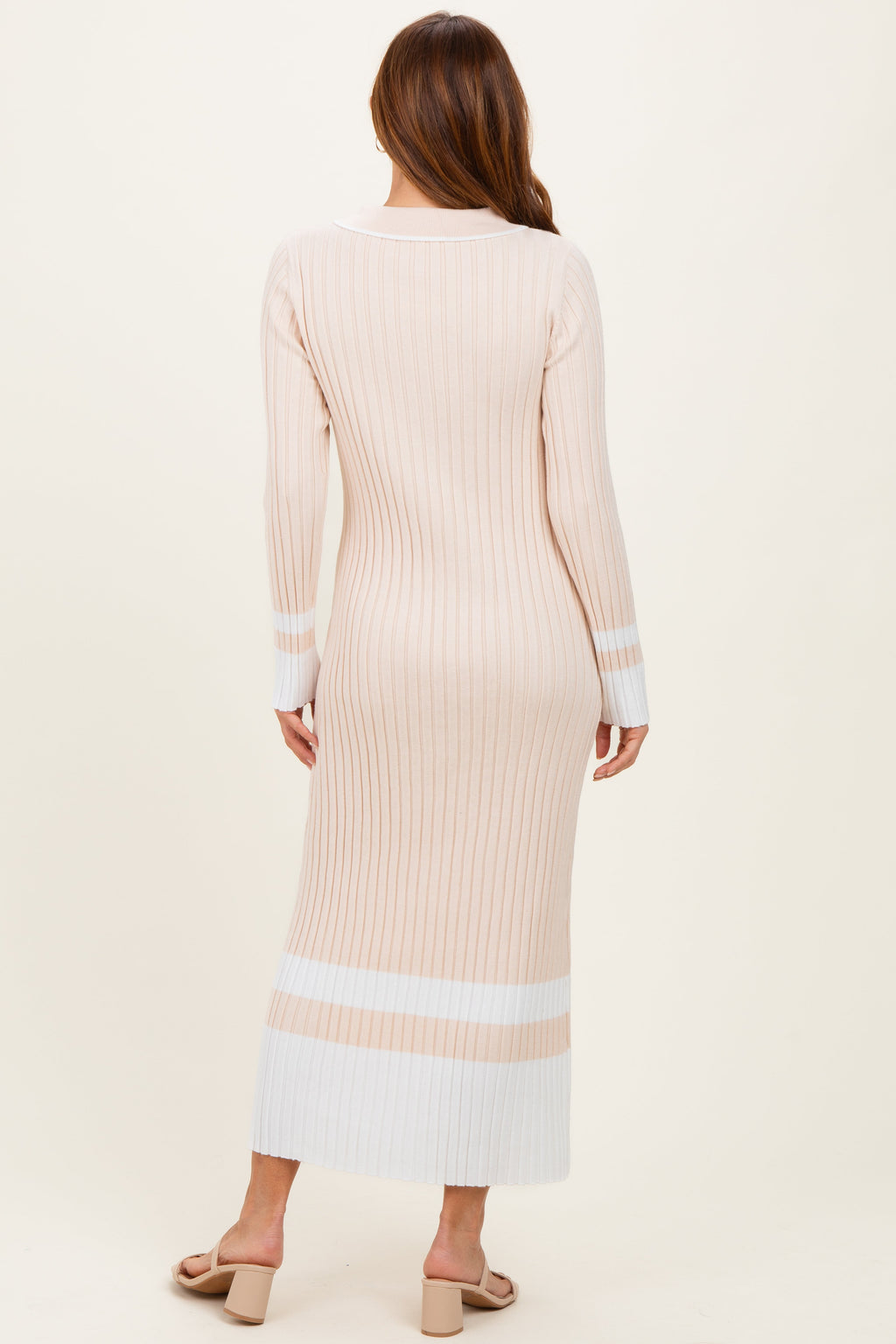 Cream Ribbed Knit Colorblock Polo Maxi Dress