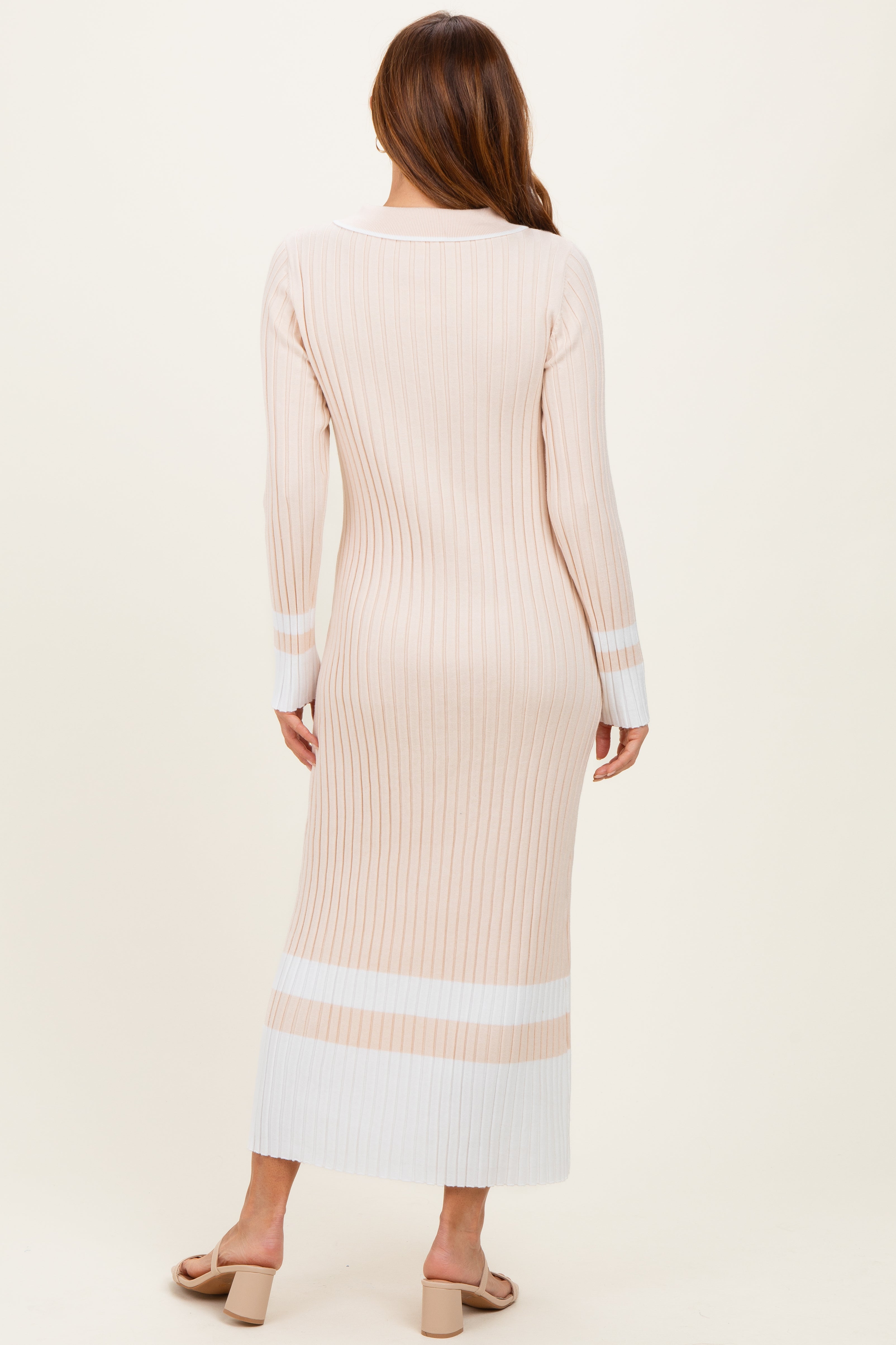 Cream Ribbed Knit Colorblock Polo Maxi Dress