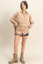 Taupe Long Sleeve Oversized Satin Maternity Shirt